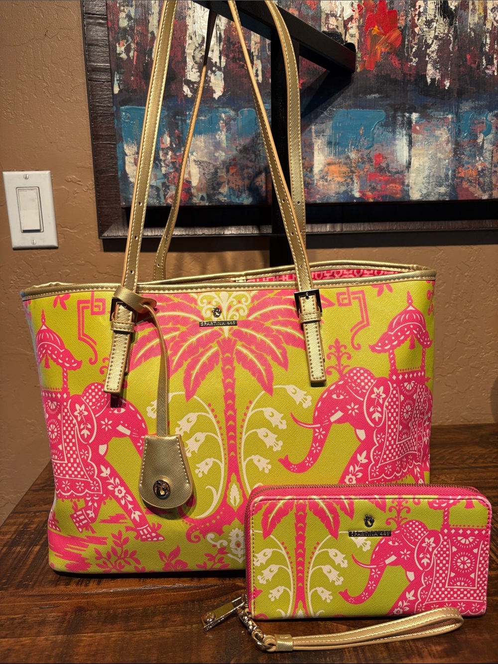 Spartina Tropical Elephant Print Leather Tote & Matching Wallet/Wristlet EUC